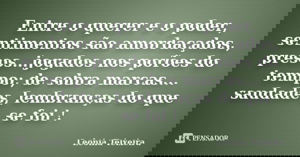 Entre o querer e o poder, sentimentos são amordaçados, presos...jogados nos porões do tempo; de sobra marcas... saudades, lembranças do que se foi !... Frase de Leônia Teixeira.