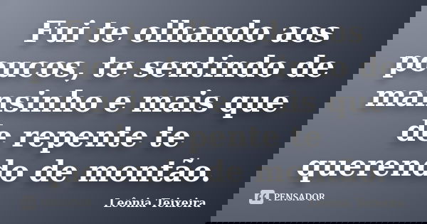 Fui te olhando aos poucos, te sentindo de mansinho e mais que de repente te querendo de montão.... Frase de Leônia Teixeira.