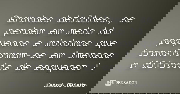 Grandes detalhes, se perdem em meio há pequenos e mínimos que transformam-se em imensos e difíceis de esquecer !... Frase de Leônia Teixeira.