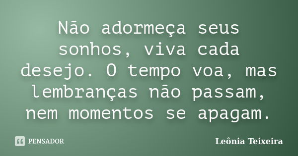 Não adormeça seus sonhos, viva cada desejo. O tempo voa, mas lembranças não passam, nem momentos se apagam.... Frase de Leônia Teixeira.