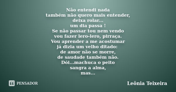 Não entendi nada também não quero mais entender, deixa rolar... um dia passa ! Se não passar tou nem vendo vou fazer lero-lero, pirraça. Vou aprender a me acost... Frase de Leônia Teixeira.