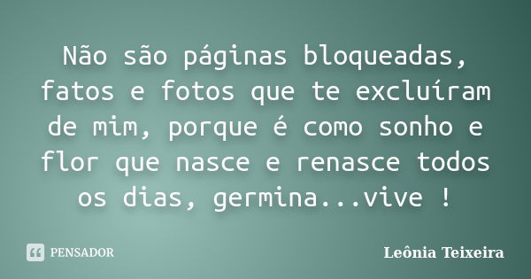 Não são páginas bloqueadas, fatos e fotos que te excluíram de mim, porque é como sonho e flor que nasce e renasce todos os dias, germina...vive !... Frase de Leônia Teixeira.