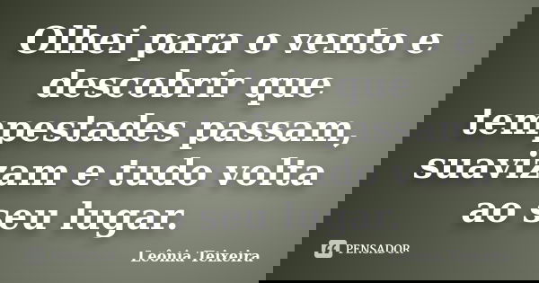 Olhei para o vento e descobrir que tempestades passam, suavizam e tudo volta ao seu lugar.... Frase de Leônia Teixeira.