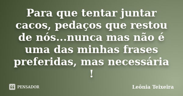 Para que tentar juntar cacos, pedaços que restou de nós...nunca mas não é uma das minhas frases preferidas, mas necessária !... Frase de Leônia Teixeira.