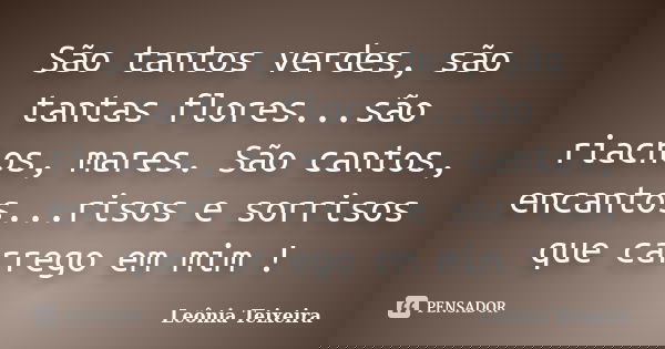 São tantos verdes, são tantas flores...são riachos, mares. São cantos, encantos...risos e sorrisos que carrego em mim !... Frase de Leônia Teixeira.