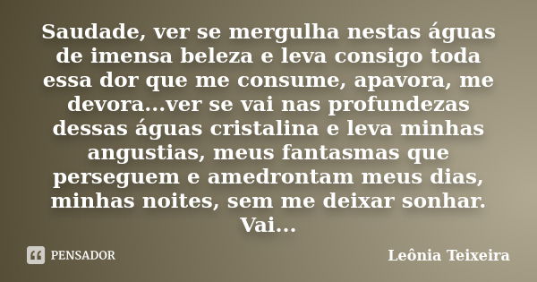 Saudade, ver se mergulha nestas águas de imensa beleza e leva consigo toda essa dor que me consume, apavora, me devora...ver se vai nas profundezas dessas águas... Frase de Leônia Teixeira.