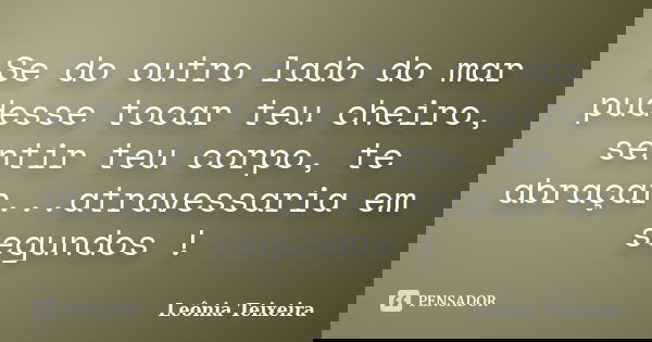 Se do outro lado do mar pudesse tocar teu cheiro, sentir teu corpo, te abraçar...atravessaria em segundos !... Frase de Leônia Teixeira.