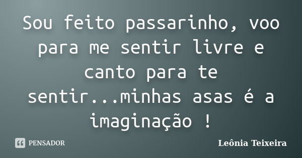 Sou feito passarinho, voo para me sentir livre e canto para te sentir...minhas asas é a imaginação !... Frase de leônia Teixeira.