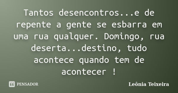 Tantos desencontros...e de repente a gente se esbarra em uma rua qualquer. Domingo, rua deserta...destino, tudo acontece quando tem de acontecer !... Frase de leônia Teixeira.