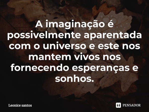 ⁠A imaginação é possivelmente aparentada com o universo e este nos mantem vivos nos fornecendo esperanças e sonhos.... Frase de Leonice santos.