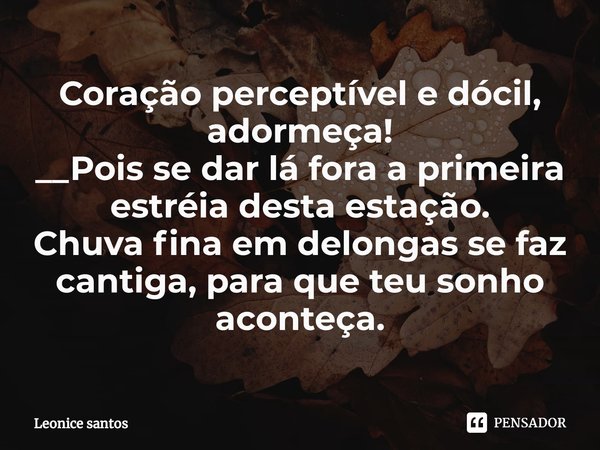 ⁠Coração perceptível e dócil, adormeça!
__Pois se dar lá fora a primeira estréia desta estação.
Chuva fina em delongas se faz cantiga, para que teu sonho aconte... Frase de Leonice santos.