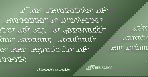 E na tentativa de encerrar o universo dentro de si, o aprendiz continua sereno, ardendo em chamas seu espírito de poeta.... Frase de Leonice santos.