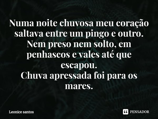 ⁠Numa noite chuvosa meu coração saltava entre um pingo e outro.
Nem preso nem solto, em penhascos e vales até que escapou.
Chuva apressada foi para os mares.... Frase de Leonice santos.