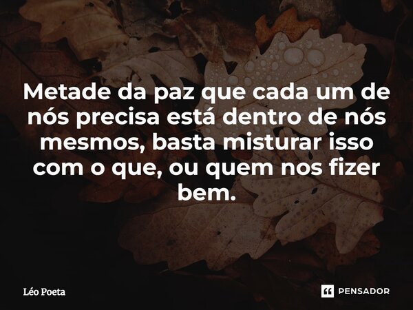 Metade da paz que cada um de nós precisa está dentro de nós mesmos, basta misturar isso com o que, ou quem nos fizer bem.... Frase de leo poeta.