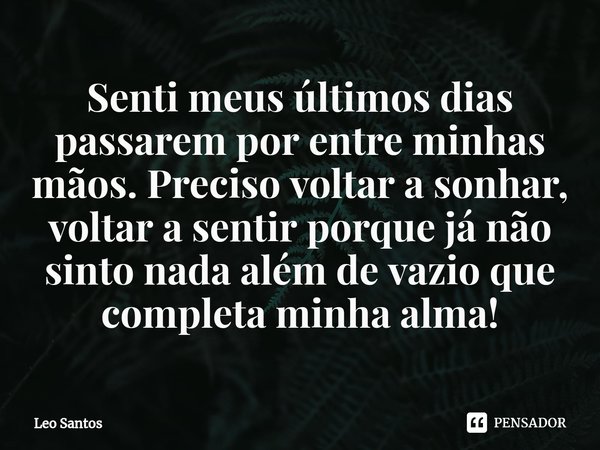 ⁠Senti meus últimos dias passarem por entre minhas mãos. Preciso voltar a sonhar, voltar a sentir porque já não sinto nada além de vazio que completa minha alma... Frase de Leo Santos.