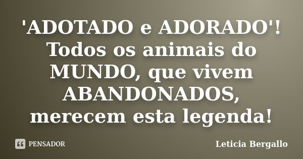 'ADOTADO e ADORADO'! Todos os animais do MUNDO, que vivem ABANDONADOS, merecem esta legenda!... Frase de Leticia Bergallo.