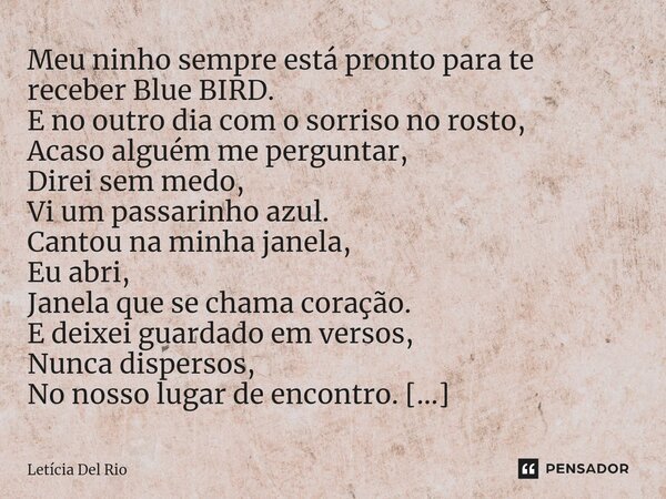 ⁠Meu ninho sempre está pronto para te receber Blue BIRD. E no outro dia com o sorriso no rosto, Acaso alguém me perguntar, Direi sem medo, Vi um passarinho azul... Frase de Letícia Del Rio.