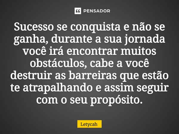 ⁠Sucesso se conquista e não se ganha, durante a sua jornada você irá encontrar muitos obstáculos, cabe a você destruir as barreiras que estão te atrapalhando e ... Frase de Letycah.