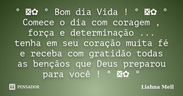 ° ೋ✿ ° Bom dia Vida ! ° ೋ✿ ° Comece o dia com coragem , força e determinação ... tenha em seu coração muita fé e receba com gratidão todas as bençãos que Deus p... Frase de Liahna Mell.