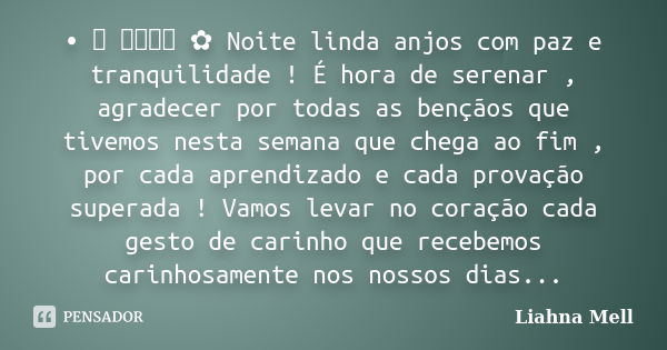 • ♡ ೋ ✿ Noite linda anjos com paz e tranquilidade ! É hora de serenar , agradecer por todas as bençãos que tivemos nesta semana que chega ao fim , por cada apre... Frase de Liahna Mell.