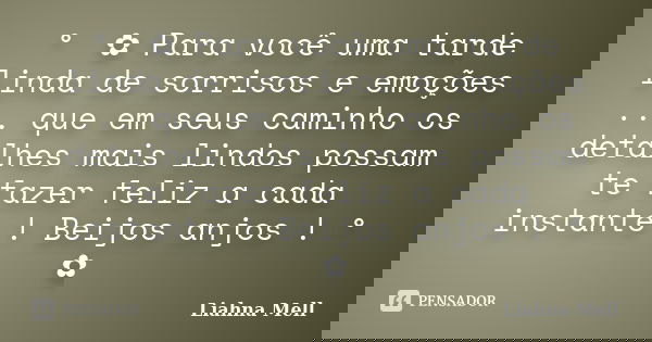 ° ೋ✿ Para você uma tarde linda de sorrisos e emoções ... que em seus caminho os detalhes mais lindos possam te fazer feliz a cada instante ! Beijos anjos ! ° ೋ✿... Frase de Liahna Mell.