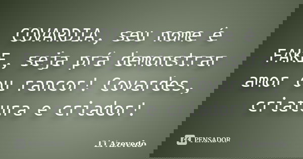 COVARDIA, seu nome é FAKE, seja prá demonstrar amor ou rancor! Covardes, criatura e criador!... Frase de Li Azevedo.