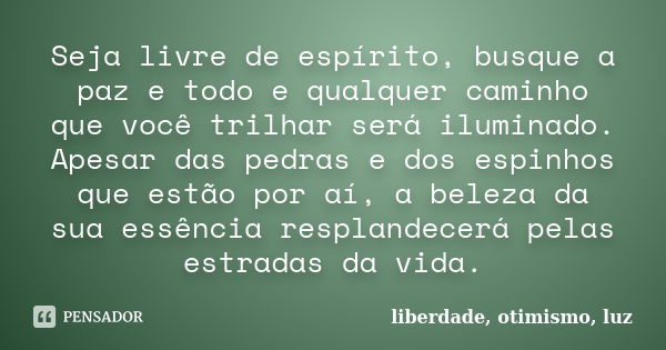 Seja livre de espírito, busque a paz e todo e qualquer caminho que você trilhar será iluminado. Apesar das pedras e dos espinhos que estão por aí, a beleza da s... Frase de liberdade, otimismo, luz.