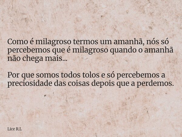 Como é milagroso termos um amanhã, nós só percebemos que é milagroso quando o amanhã não chega mais... Por que somos todos tolos e só percebemos a preciosidade ... Frase de Lice R.L.