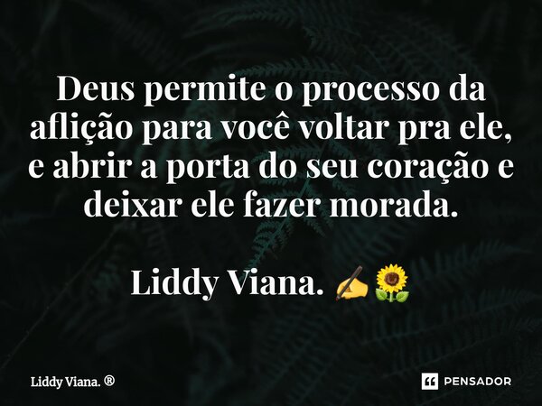 ⁠Deus permite o processo da aflição para você voltar pra ele, e abrir a porta do seu coração e deixar ele fazer morada. Liddy Viana. ✍🌻... Frase de Liddy Viana..