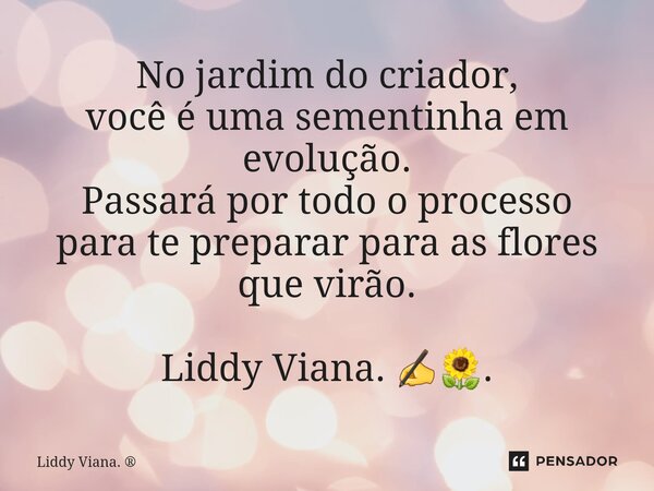 ⁠No jardim do criador, você é uma sementinha em evolução. Passará por todo o processo para te preparar para as flores que virão. Liddy Viana. ✍🌻.... Frase de Liddy Viana..