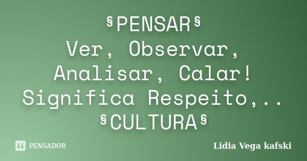 §PENSAR§ Ver, Observar, Analisar, Calar! Significa Respeito,.. §CULTURA§... Frase de Lidia Vega kafski.