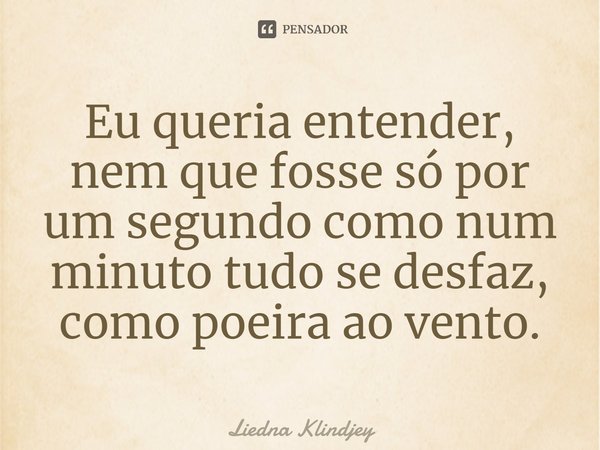 ⁠Eu queria entender, nem que fosse só por um segundo como num minuto tudo se desfaz, como poeira ao vento.... Frase de Liedna Klindjey.