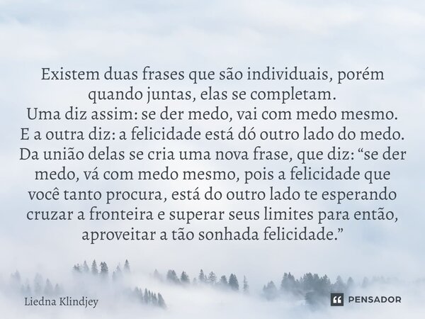 ⁠Existem duas frases que são individuais, porém quando juntas, elas se completam. Uma diz assim: se der medo, vai com medo mesmo. E a outra diz: a felicidade es... Frase de Liedna Klindjey.