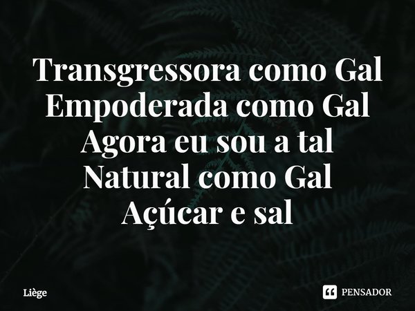 ⁠Transgressora como Gal
Empoderada como Gal
Agora eu sou a tal
Natural como Gal
Açúcar e sal... Frase de Liège.