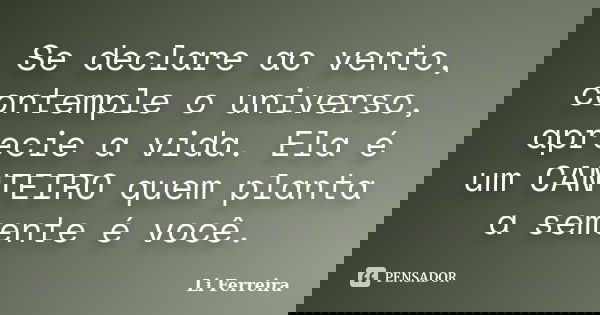 Se declare ao vento, contemple o universo, aprecie a vida. Ela é um CANTEIRO quem planta a semente é você.... Frase de Li Ferreira.