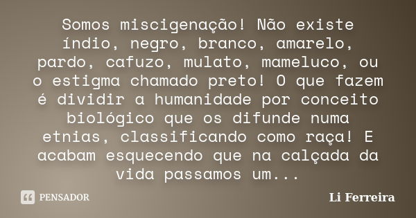 Somos miscigenação! Não existe índio, negro, branco, amarelo, pardo, cafuzo, mulato, mameluco, ou o estigma chamado preto! O que fazem é dividir a humanidade po... Frase de Li Ferreira.