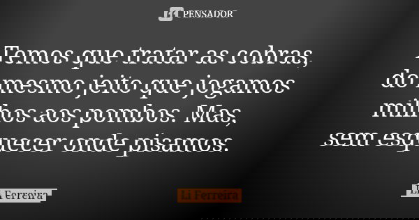 Temos que tratar as cobras, do mesmo jeito que jogamos milhos aos pombos. Mas, sem esquecer onde pisamos.... Frase de Li Ferreira.