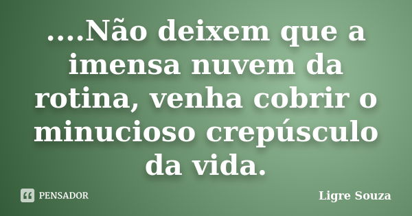 ....Não deixem que a imensa nuvem da rotina, venha cobrir o minucioso crepúsculo da vida.... Frase de Ligre Souza.