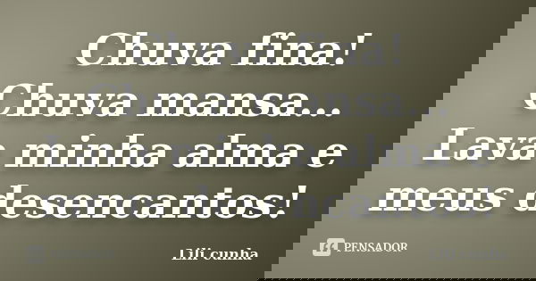 Chuva fina! Chuva mansa... Lava minha alma e meus desencantos!... Frase de Lili Cunha.