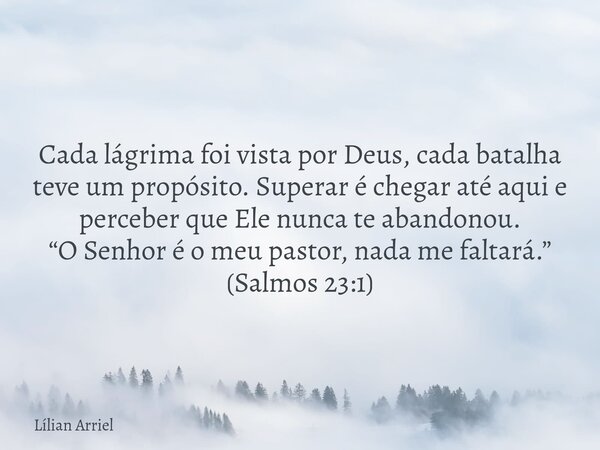 Cada lágrima foi vista por Deus, cada batalha teve um propósito. Superar é chegar até aqui e perceber que Ele nunca te abandonou. “O Senhor é o meu pastor, nada... Frase de Lílian Arriel.