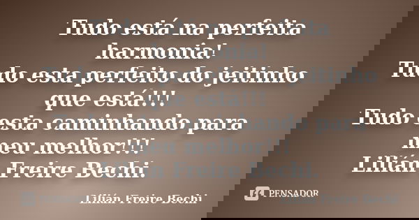 Tudo está na perfeita harmonia! Tudo esta perfeito do jeitinho que está!!! Tudo esta caminhando para meu melhor!!! Lilián Freire Bechi.... Frase de Lilian Freire Bechi.