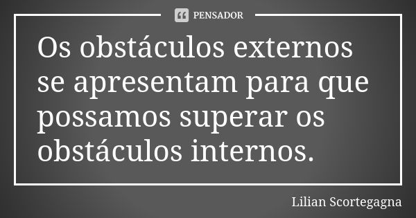 Os obstáculos externos se apresentam para que possamos superar os obstáculos internos.... Frase de Lilian Scortegagna.