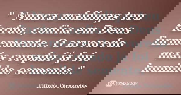 " Nunca maldigas teu fardo, confia em Deus firmemente. O arvoredo mais copado já foi humilde semente."... Frase de Lilinha Fernandes.