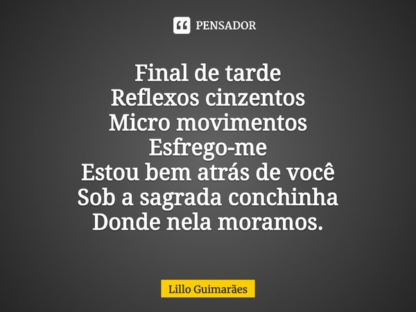 ⁠Final de tarde
Reflexos cinzentos
Micro movimentos
Esfrego-me
Estou bem atrás de você
Sob a sagrada conchinha
Donde nela moramos.... Frase de Lillo Guimarães.