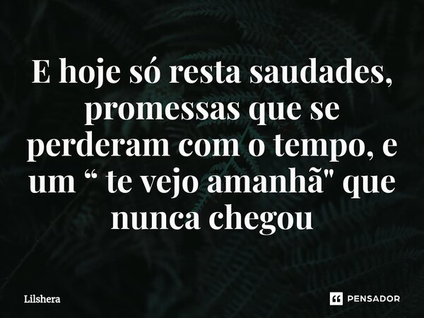 ⁠E hoje só resta saudades, promessas que se perderam com o tempo, e um “ te vejo amanhã " que nunca chegou... Frase de Lilshera.