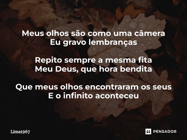 ⁠Meus olhos são como uma câmera Eu gravo lembranças Repito sempre a mesma fita Meu Deus, que hora bendita Que meus olhos encontraram os seus E o infinito aconte... Frase de Lima1967.