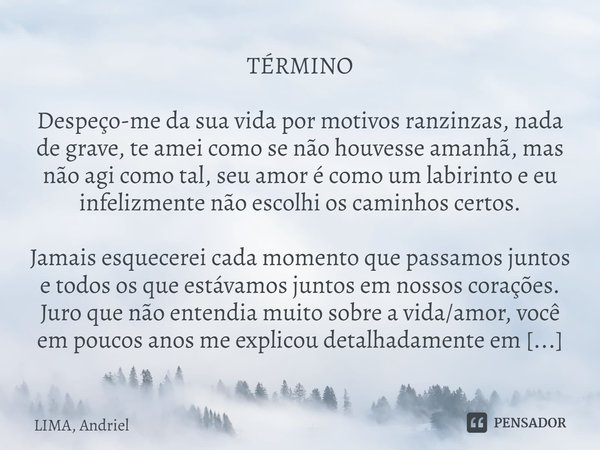 ⁠TÉRMINO Despeço-me da sua vida por motivos ranzinzas, nada de grave, te amei como se não houvesse amanhã, mas não agi como tal, seu amor é como um labirinto e ... Frase de LIMA, Andriel.