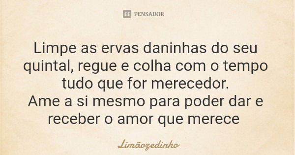 Limpe as ervas daninhas do seu quintal, regue e colha com o tempo tudo que for merecedor. Ame a si mesmo para poder dar e receber o amor que merece... Frase de Limãozedinho.