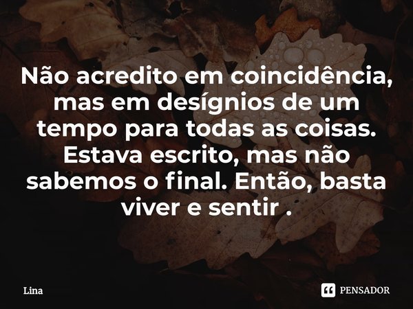 Não acredito em coincidência, mas em desígnios de um tempo para todas as coisas. Estava escrito, mas não sabemos o final. Então, basta viver e sentir .⁠... Frase de Lina.