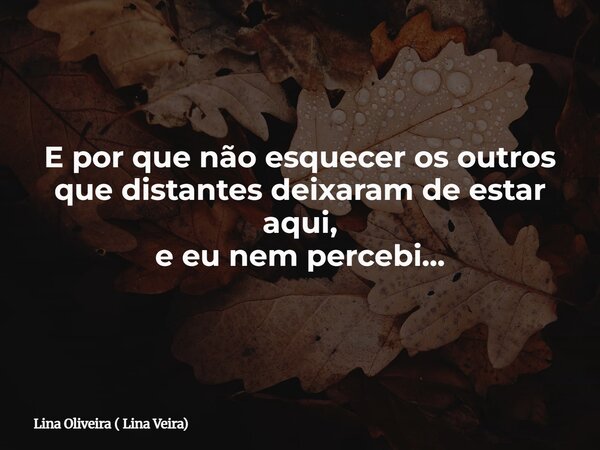 E por que não esquecer os outros que distantes deixaram de estar aqui, e eu nem percebi...... Frase de Lina Oliveira ( Lina Veira).